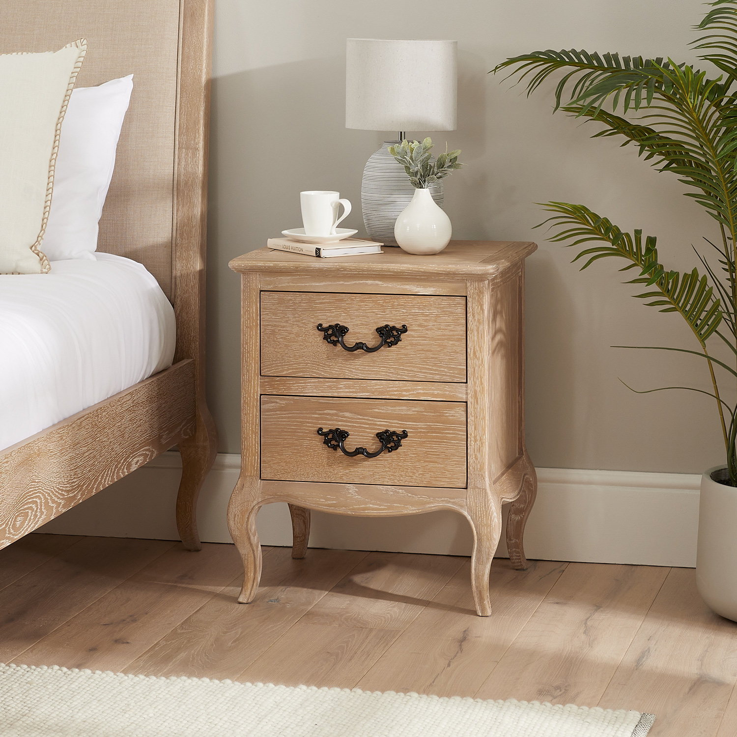 Lille French Limed Oak Two Drawer Bedside Table