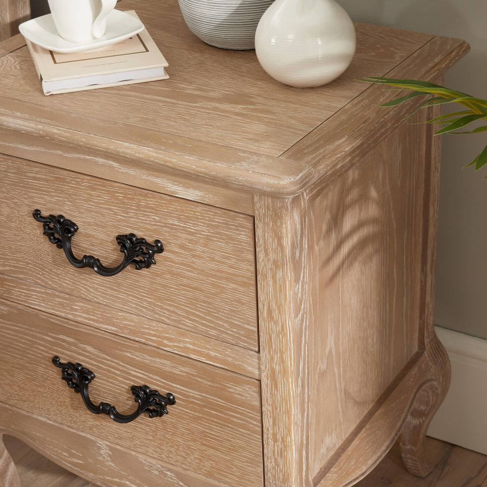 Lille French Limed Oak Two Drawer Bedside Table - Image 4