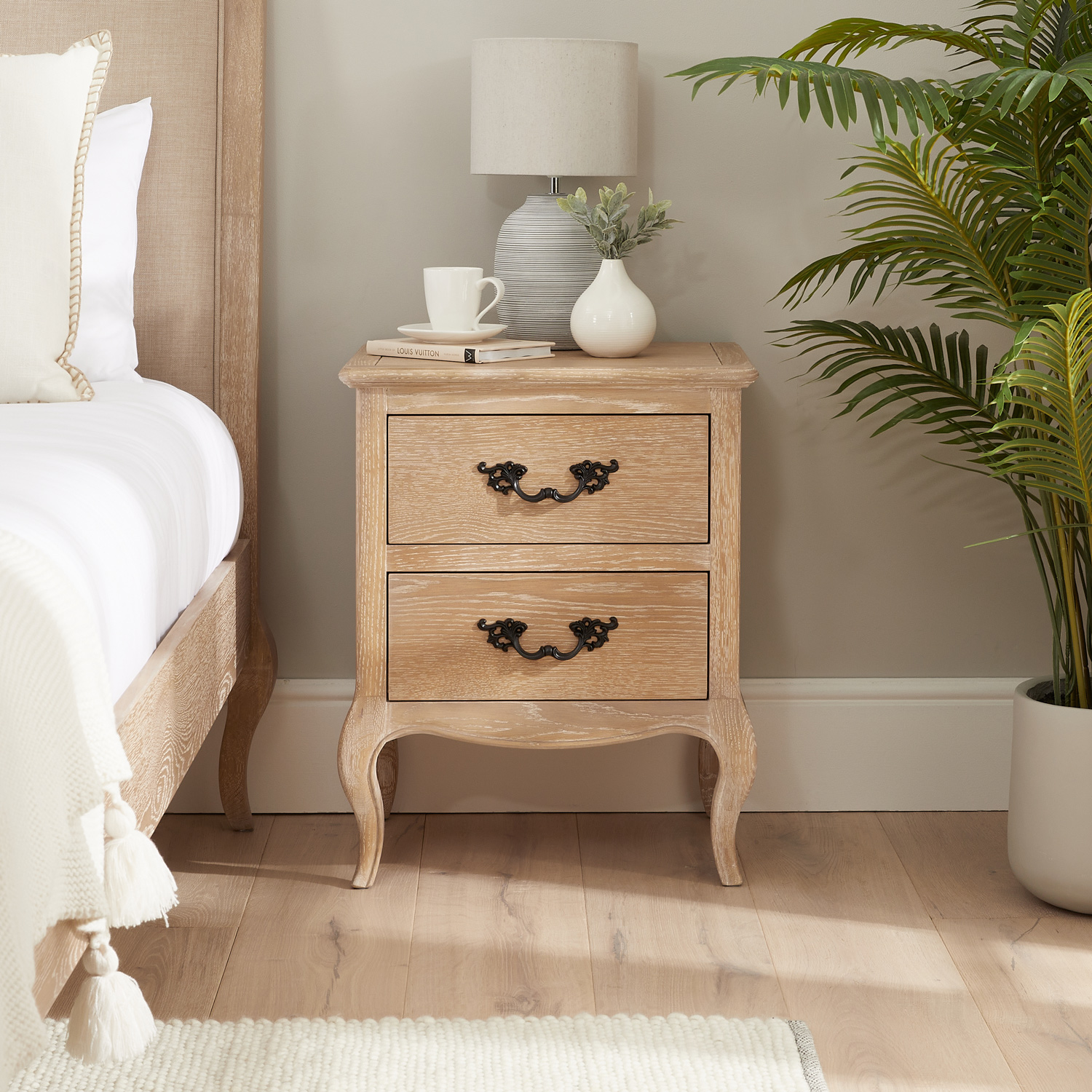 Lille French Limed Oak Two Drawer Bedside Table