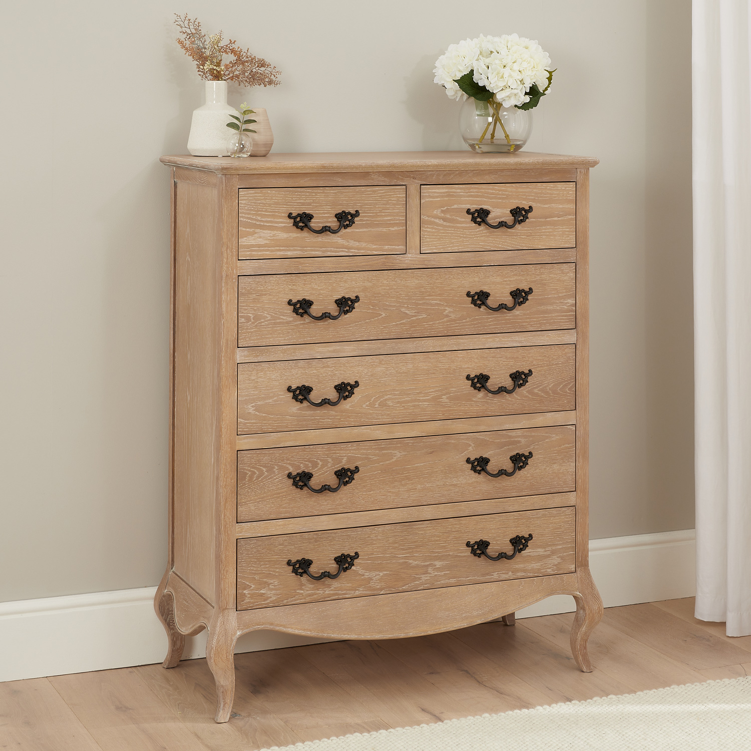 Lille French Limed Oak 6 Drawer Tall Chest