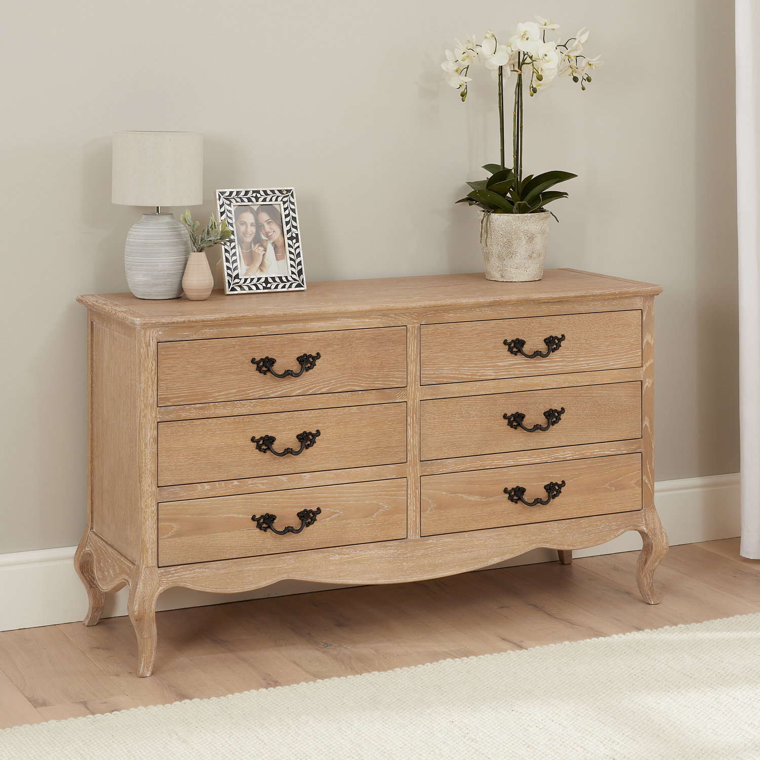 Lille French Limed Oak 6 Drawer Wide Chest