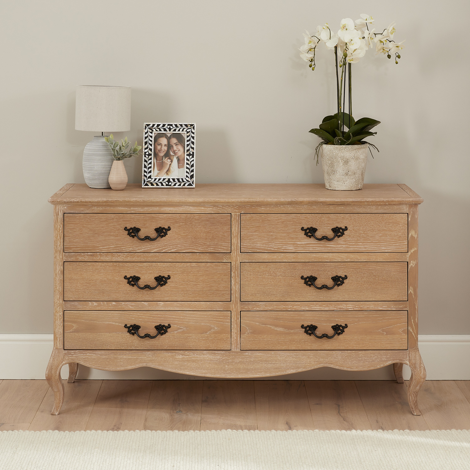 Lille French Limed Oak 6 Drawer Wide Chest