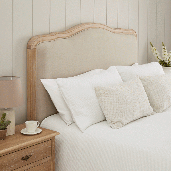 Clementine French Whitewash Oak Upholstered Divan Base Headboard – Super King Size