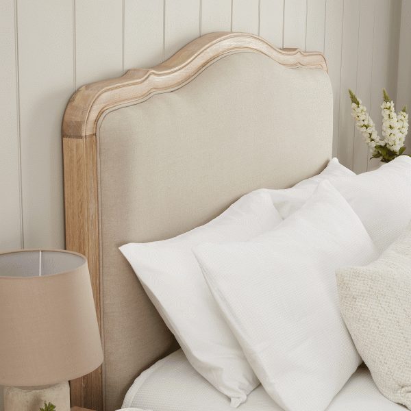 Clementine French Whitewash Oak Upholstered Divan Base Headboard – Super King Size