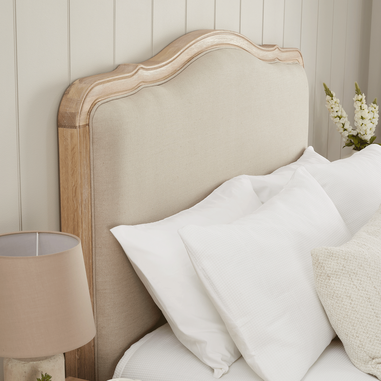Clementine French Whitewash Oak Upholstered Divan Base Headboard King