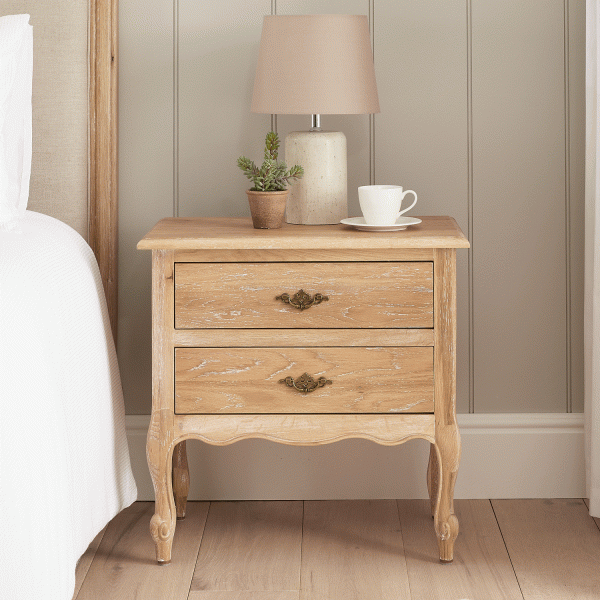 French Limed Oak Louis Two Drawer Bedside Table