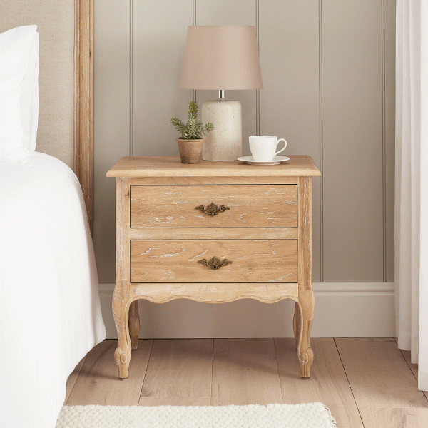 French Limed Oak Louis Two Drawer Bedside Table