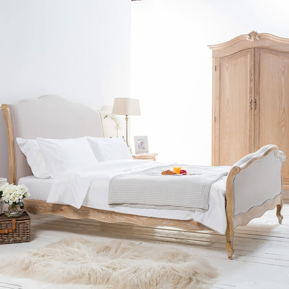 Chloè French Weathered Whitewash Oak High Foot Board Bed – King Size