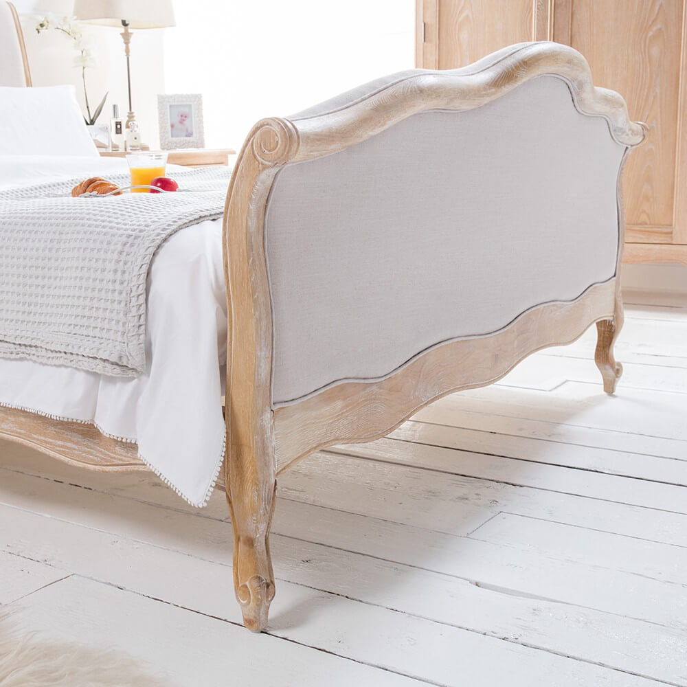 Chloè French Weathered Whitewash Oak Upholstered High Foot Board Bed – Super King Size Bed