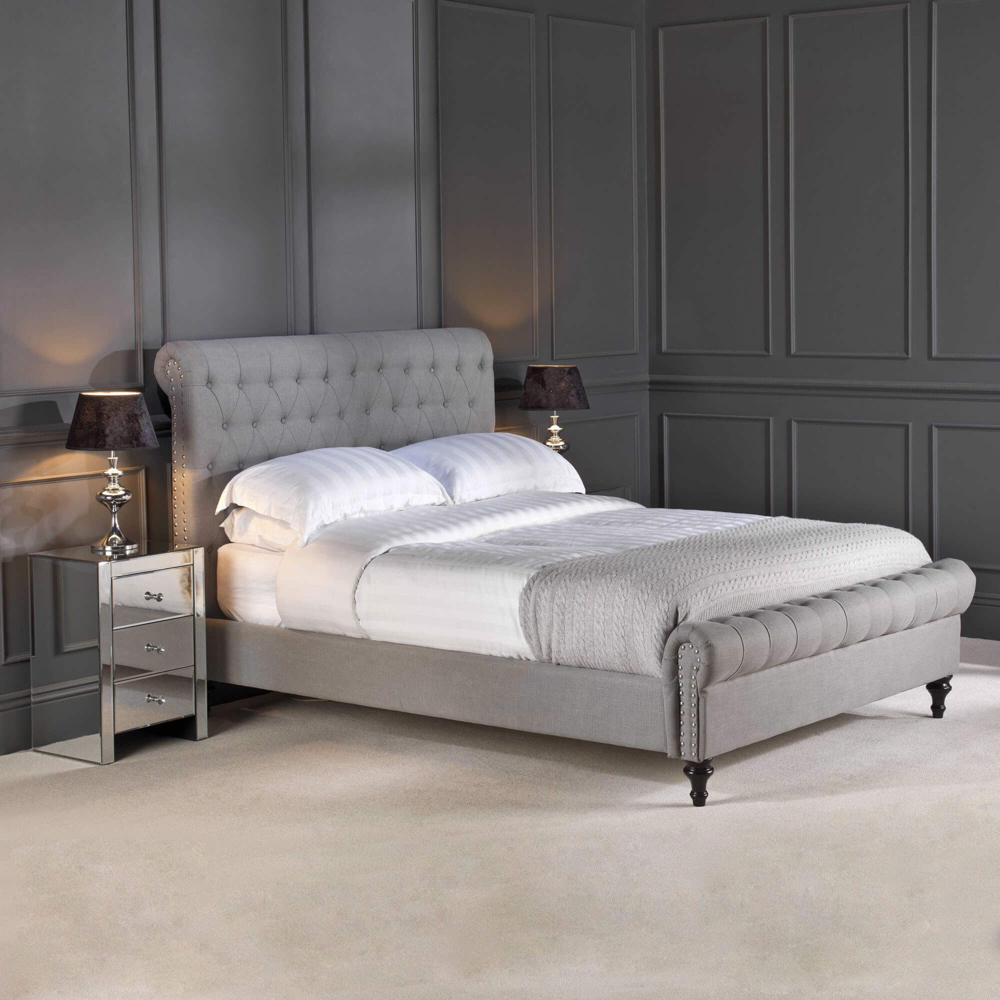 Luxury Oak Gany Upholstered Bedroom Furniture Grosvenor Super King Size Steel Premium Linen Chesterfield Upholstered Bed