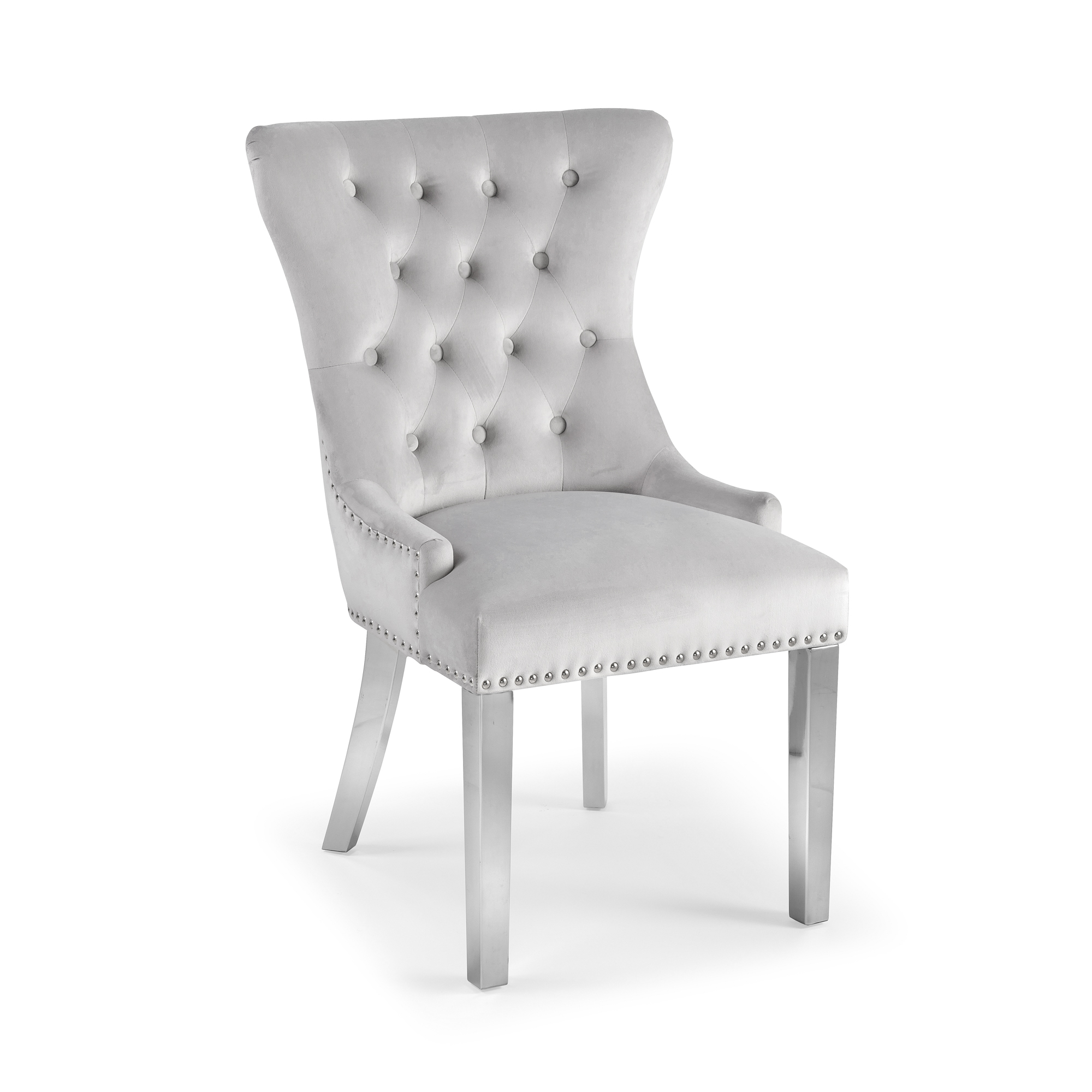 Dove Grey Brushed Velvet Dining Chair with Polished Steel Legs – Set of