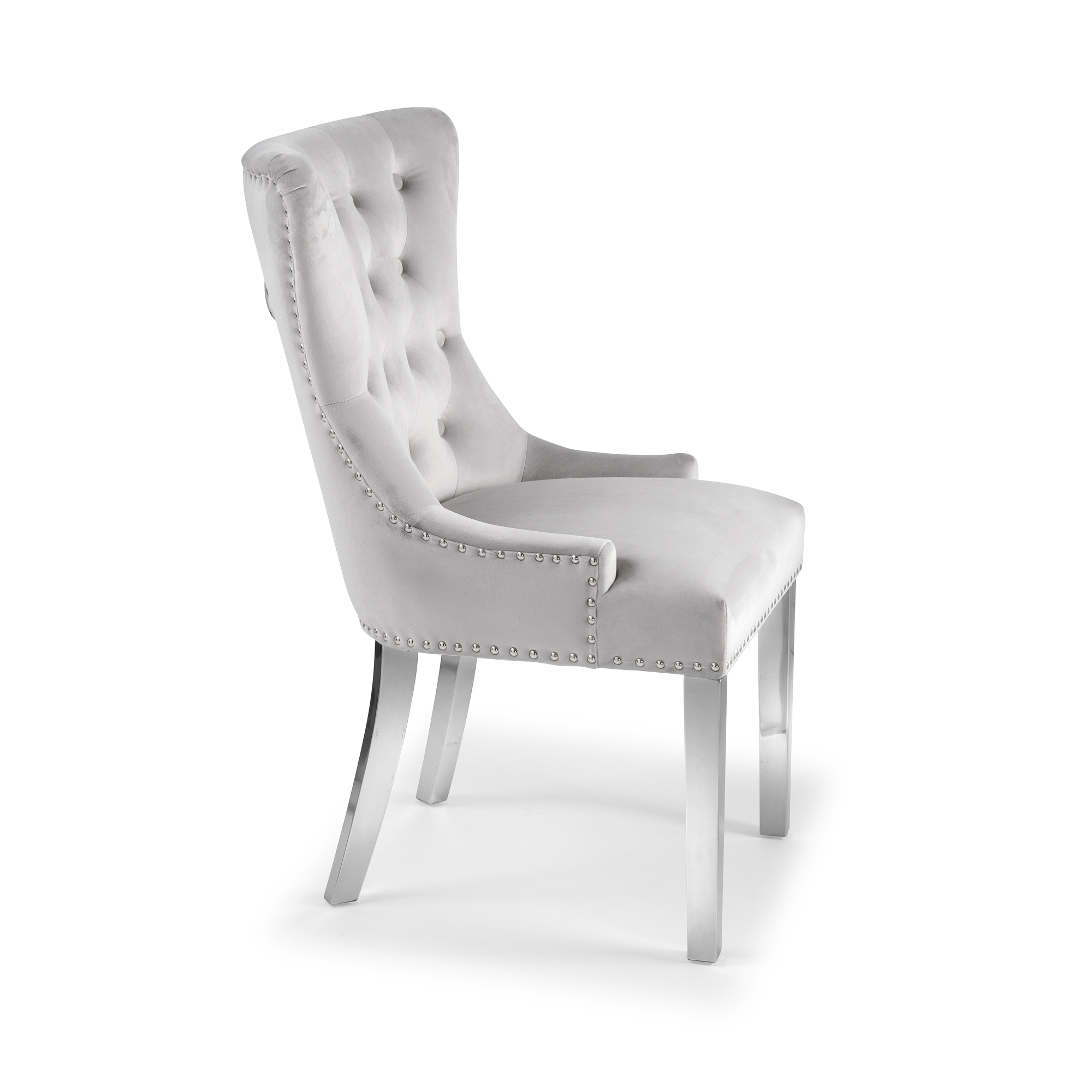 Dove Grey Brushed Velvet Dining Chair with Polished Steel Legs – Set of