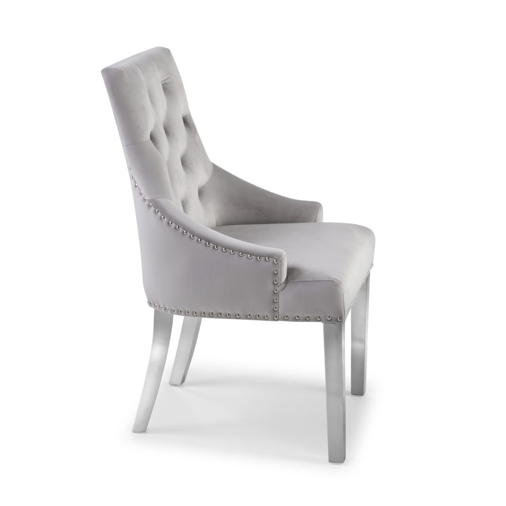 Luxury Chelsea Light Grey Brushed Velvet Scoop Back Dining Room Chair - Steel Legs - Image 6