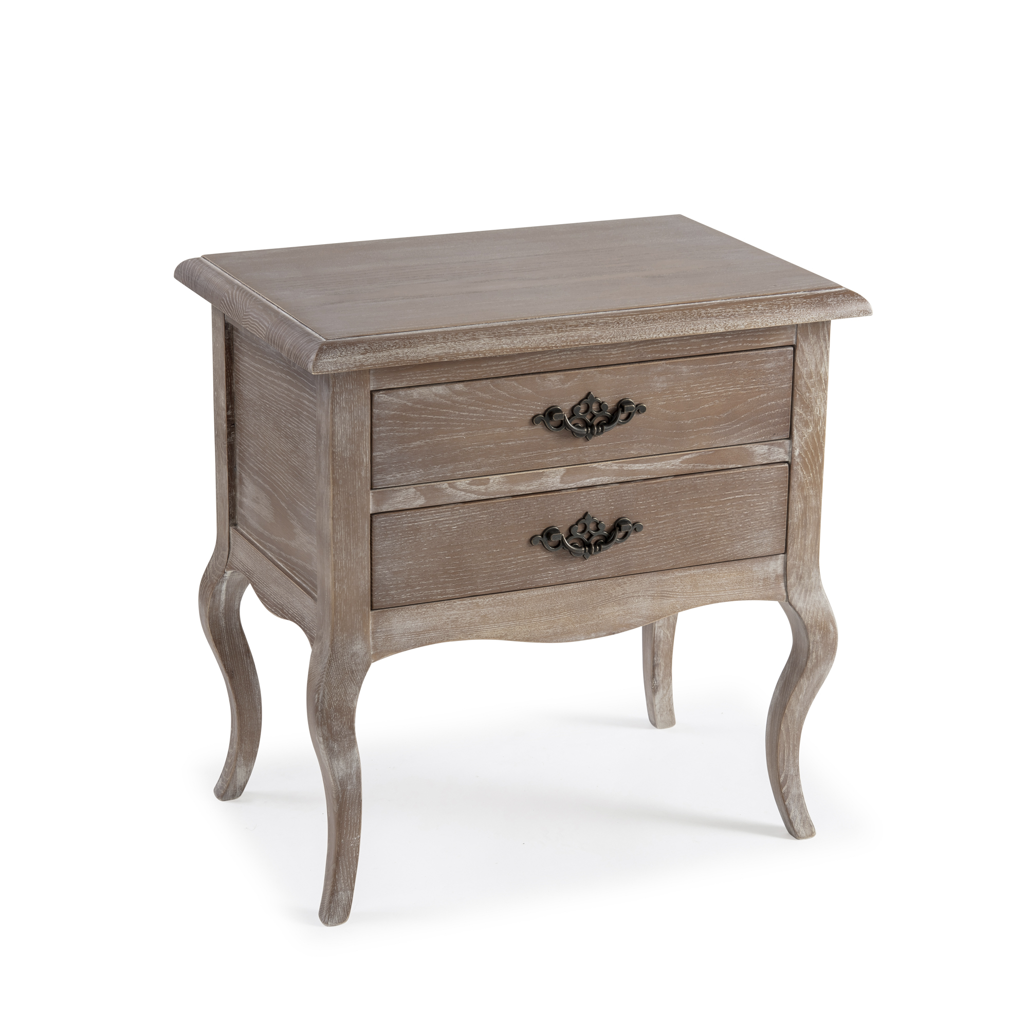 French Weathered Limed Ash Two Drawer Bedside Table