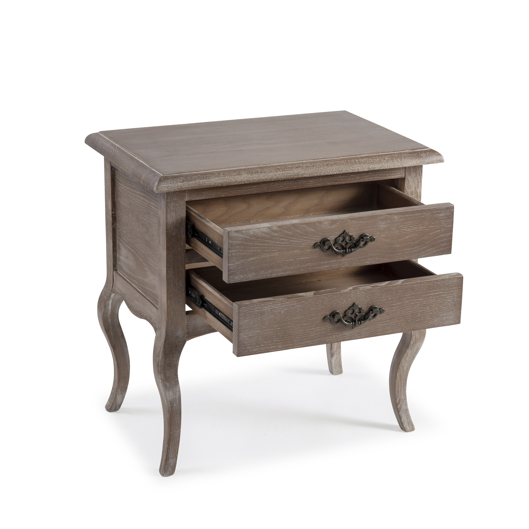 French Weathered Limed Ash Two Drawer Bedside Table