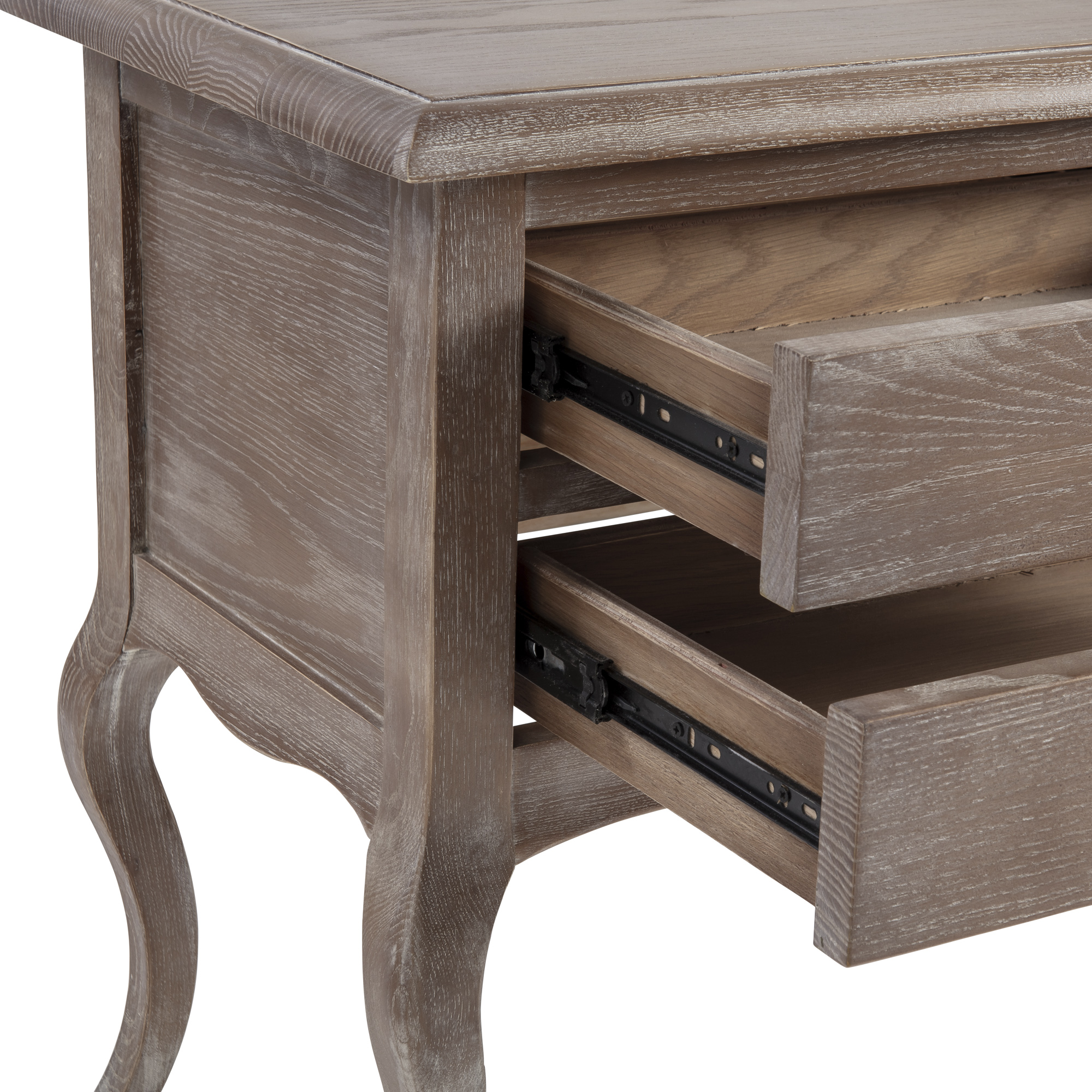 French Weathered Limed Ash Two Drawer Bedside Table