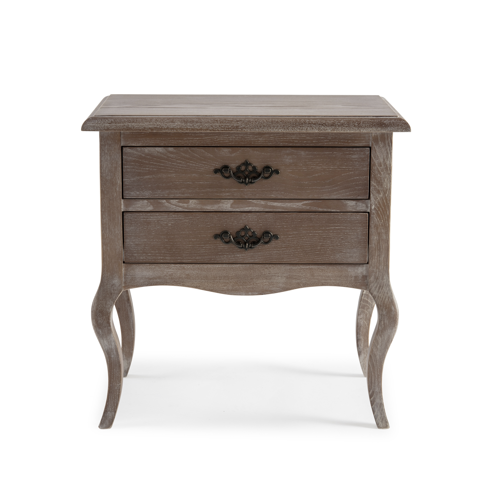 French Weather Limed Ash Two Drawer Bedside Table